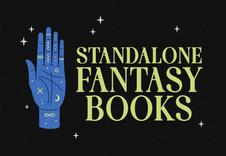 A blue illustrated hand with mystical symbols against a black background, beside the text 'Standalone Fantasy Books' in bold green lettering with gold stars