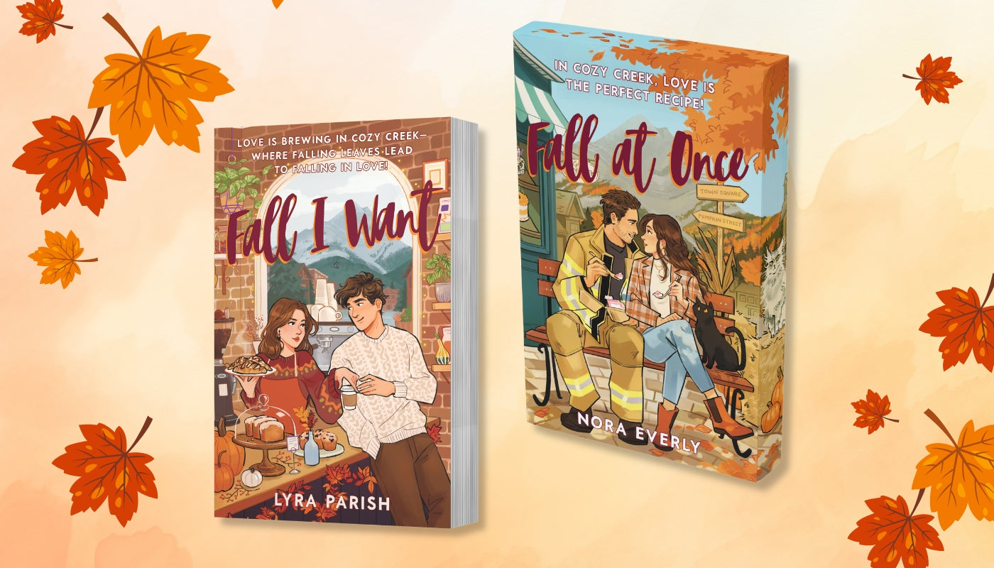 Two illustrated book covers displayed side by side on a warm beige background with scattered orange autumn leaves. The left cover reads "Fall I Want" by Lyra Parish, and the right cover reads "Fall at Once" by Nora Everly.