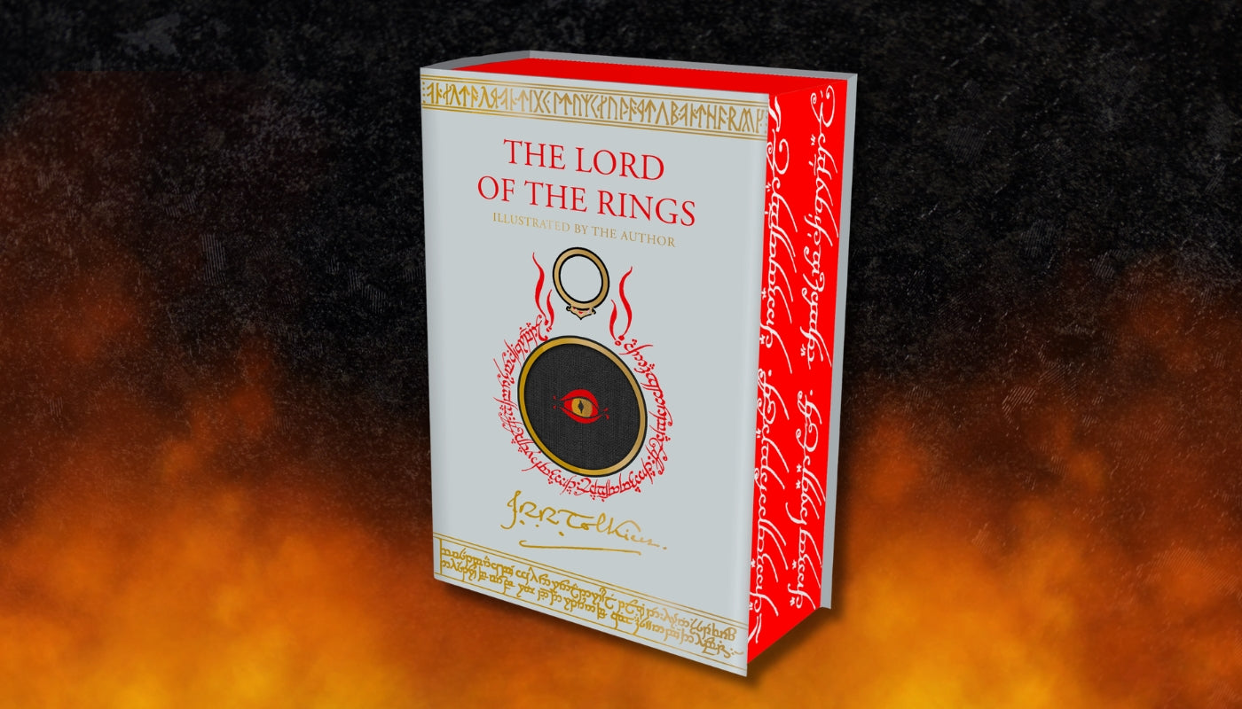 A boxed book or box set for 'The Lord of the Rings' shown at an angle against a fiery orange and black background. The front is white with red and gold artwork, and the side is red with white script.