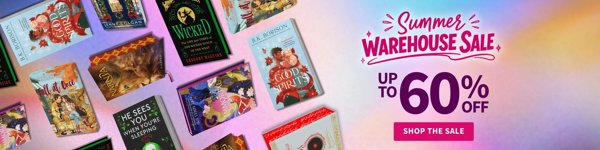 Assorted books on a colorful background with a summer warehouse sale banner. Up to 60% off - Shop the Sale