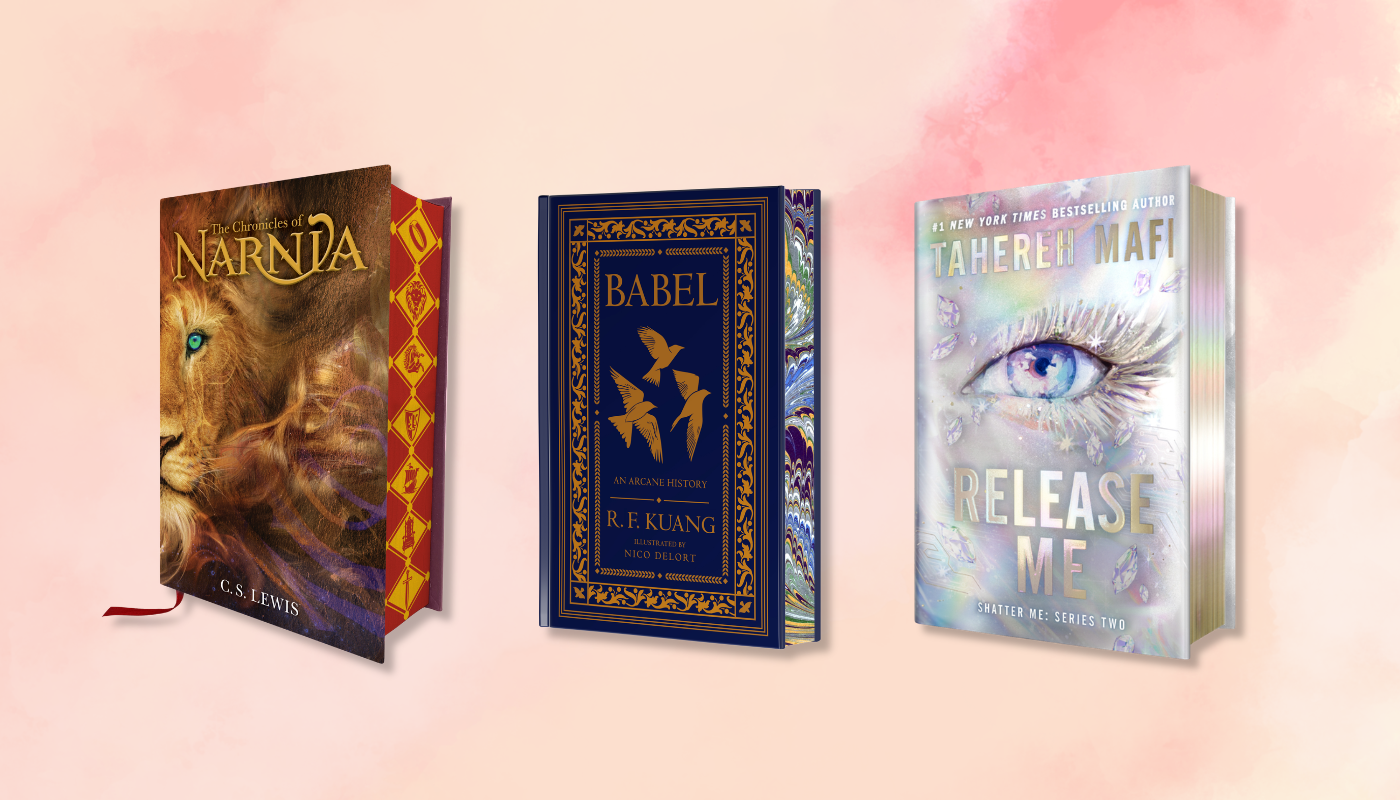 Three fantasy book covers displayed side by side on a soft pink background: The Lion, King by J.K.