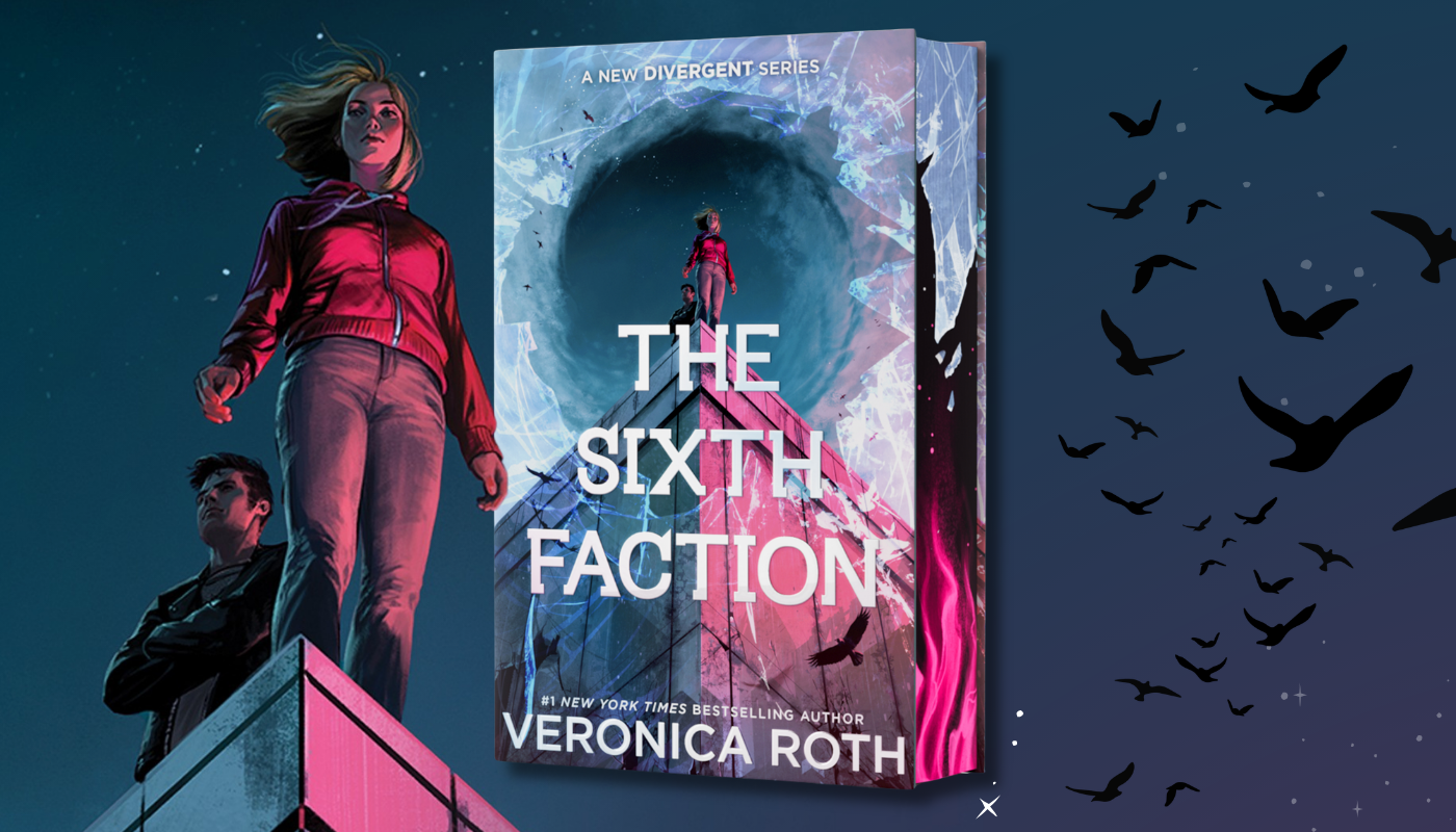 Book cover for 'The Sixth Faction' by Veronica Roth, shown as a large 3D book mockup in the center against a dark illustrated background with a woman standing on a rooftop and flying birds in the sky.