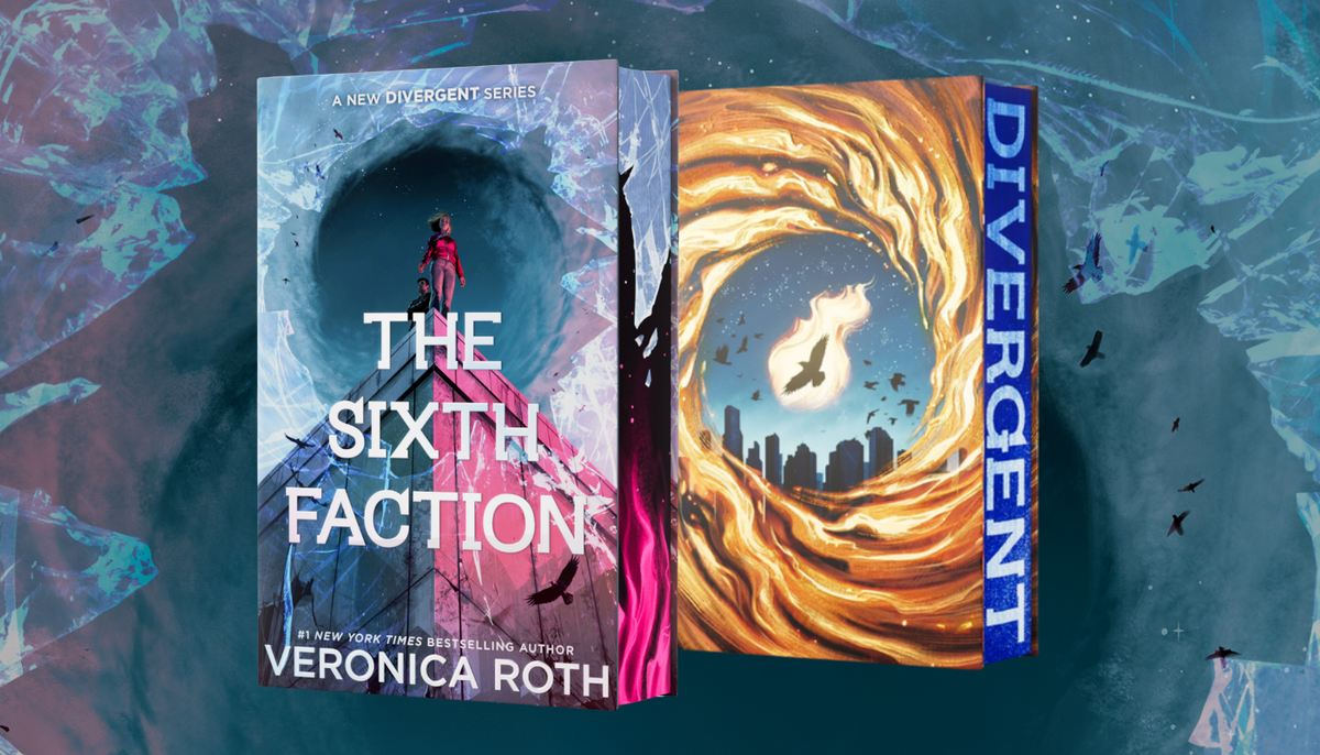 Book covers for "The Sixth Faction" by Veronica Roth and the Divergent boxed set, set against a swirling stylized illustration of a portal with birds in flight.