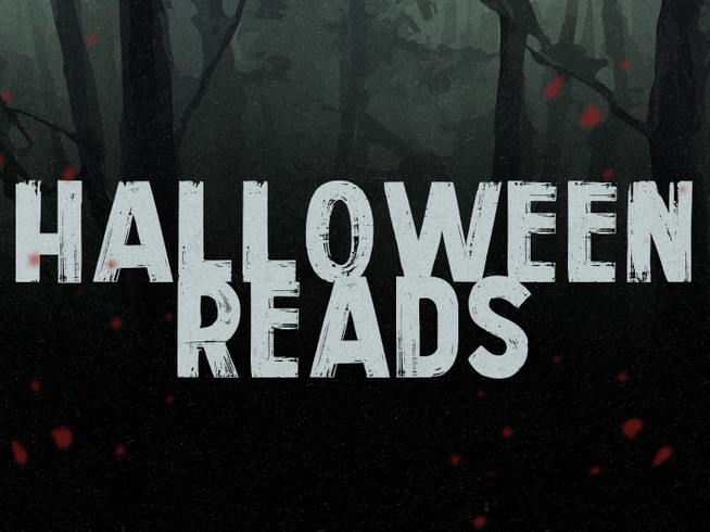 Text 'HALLOWEEN READS' on a dark background with spooky trees and red leaves.