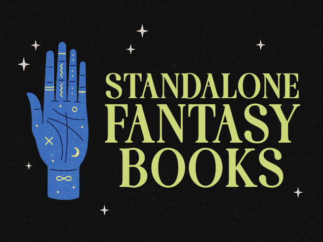 Standalone Fantasy Books graphic with an illustrated blue palm-reading hand and sparkles on a black background