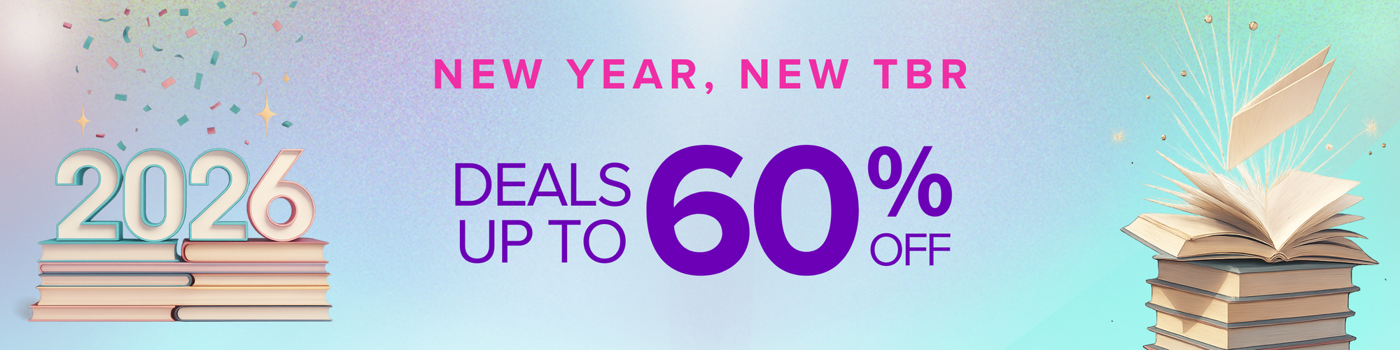 Promotional banner with books, '2026', and 'New Year, New TBR' text on a gradient background.