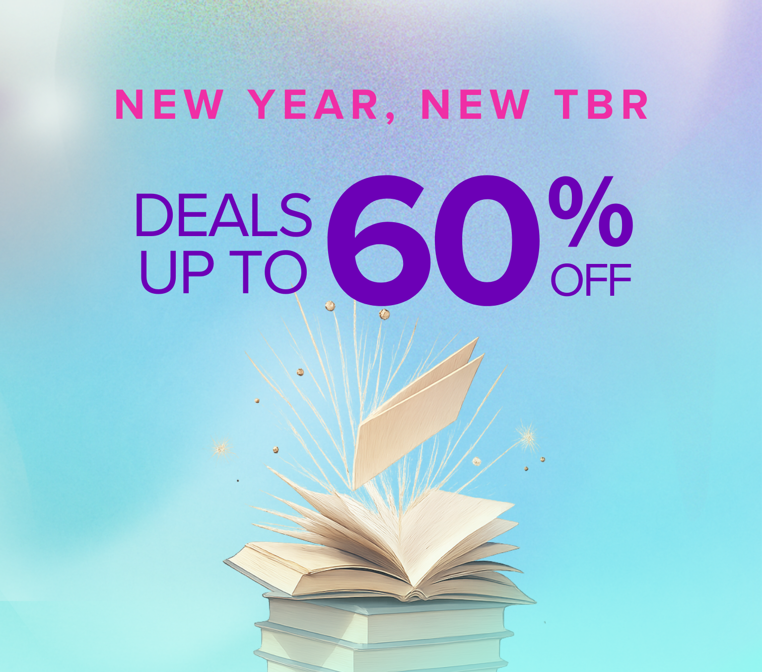 Promotional graphic with an open book and colorful background, featuring text about New Year deals on books.