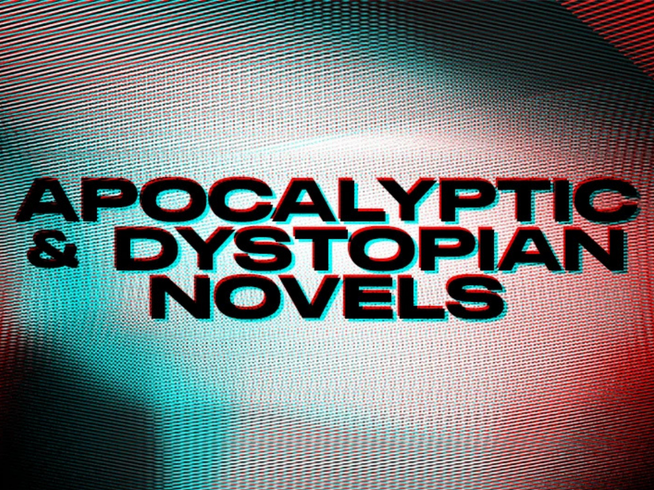 Digital cover art featuring the text 'APOCALYPTIC & DYSTOPIAN NOVELS' in bold black letters with a red and cyan 3D anaglyph shadow effect, set against a textured, glitched background of red, cyan, and gray tones.