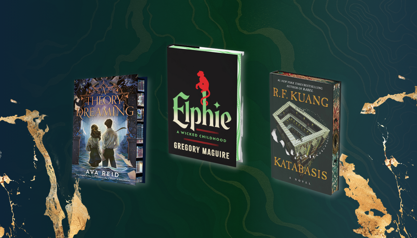 Three books displayed against a dark green background with abstract designs.