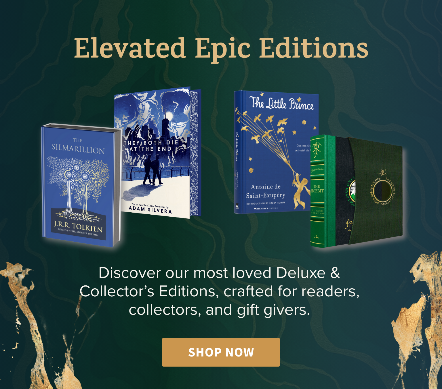 Promotional image for 'Elevated Epic Editions' featuring deluxe book editions with a dark green background.