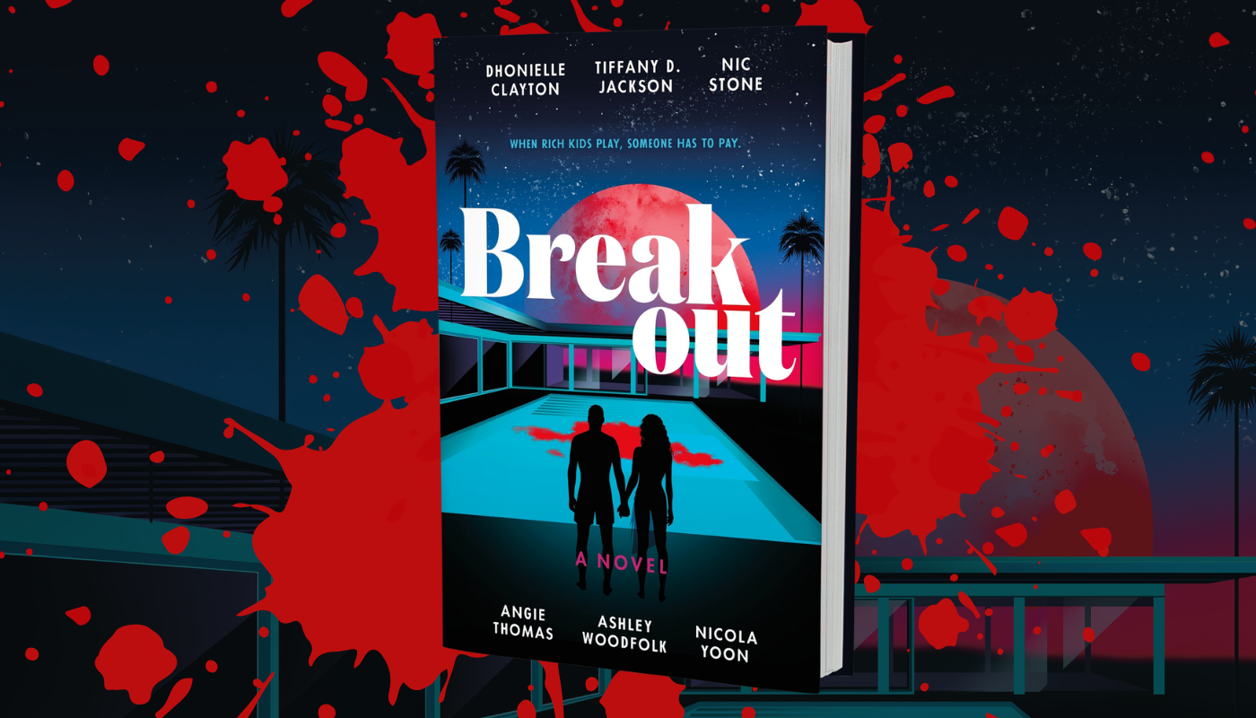 Book cover of 'Break Out' with a pool and silhouettes against a night sky, surrounded by red splashes.