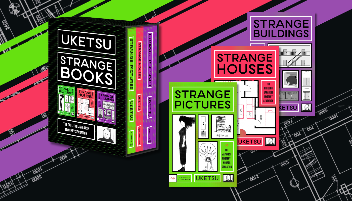 Collection of books titled 'Strange Books', 'Strange Houses', and 'Strange Pictures' by Uketsu on a colorful geometric background.