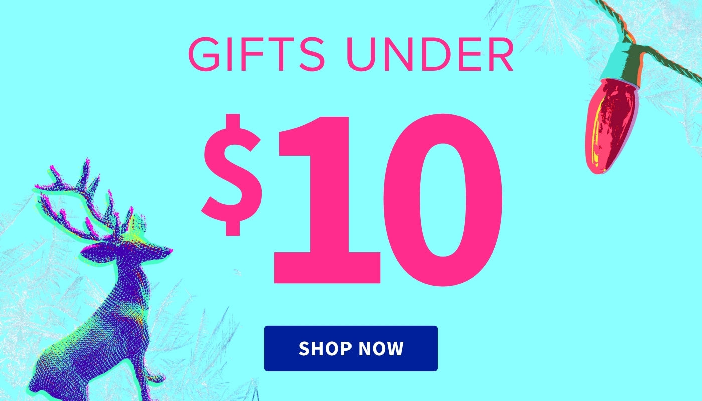 Promotional banner with reindeer, Christmas lights, and text 'Gifts Under $10 Shop Now' on a blue background.
