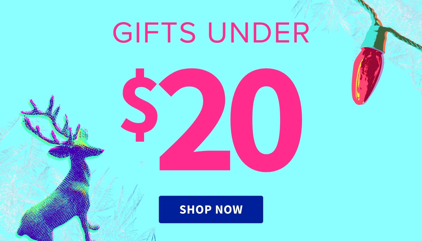 Promotional graphic with a deer silhouette, Christmas lights, and text about gifts under $20 on a blue background.