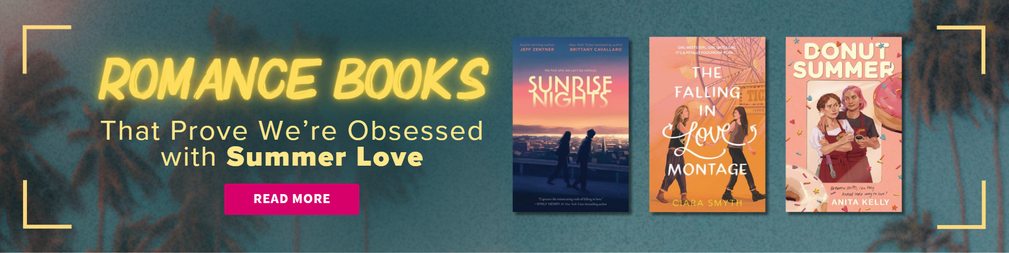 Promotional banner for romance books with book covers and text on a blurred background