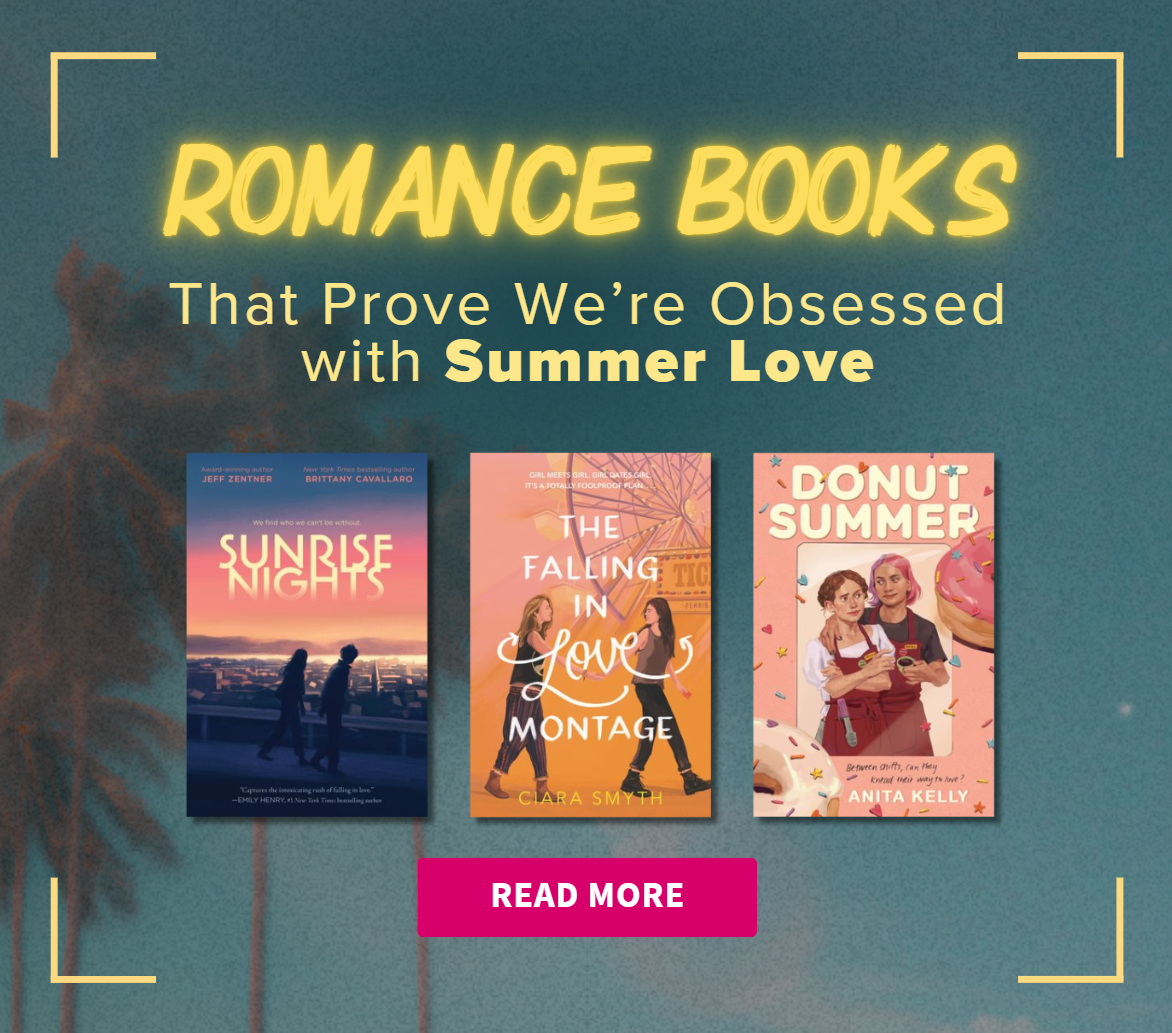 Promotional graphic for romance books with book covers and text on a blue background