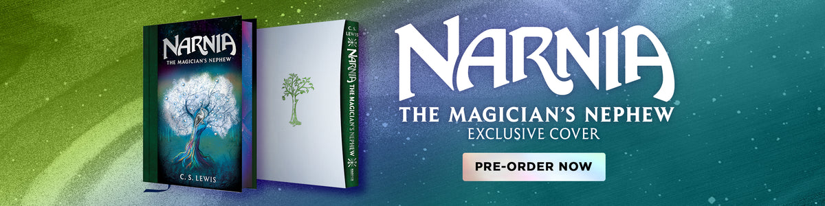 The Magician’s Nephew by C.S. Lewis exclusive cover edition, shown with a glowing white tree on the cover and a white case featuring a green tree, on a green and teal background. Pre-order now.