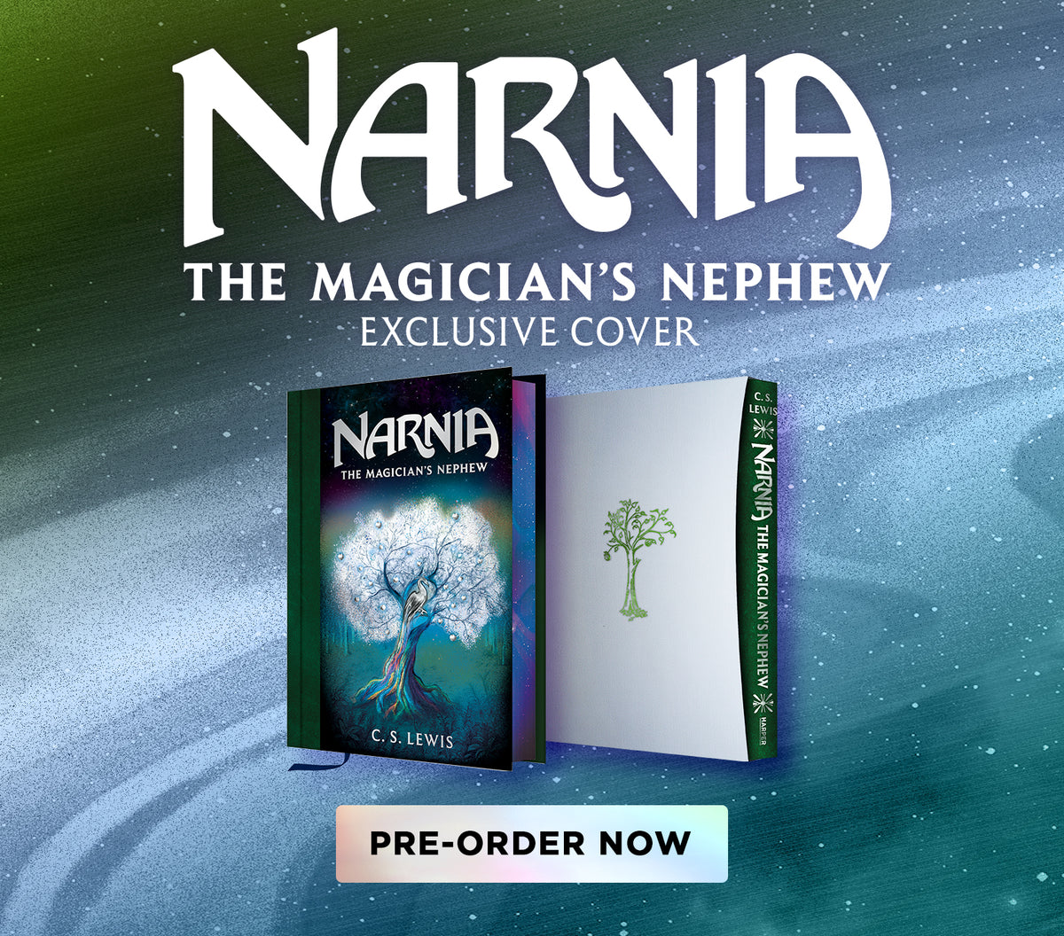 The Magician’s Nephew by C.S. Lewis exclusive cover edition, shown with a glowing white tree on the cover and a white case featuring a green tree, on a green and teal background. Pre-order now.