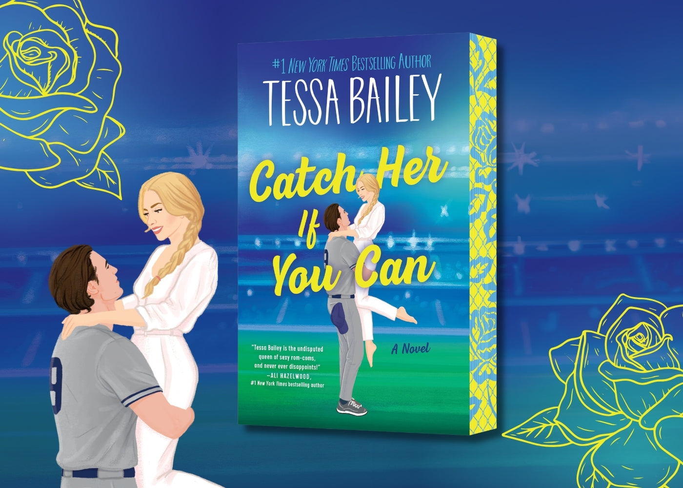 Book cover of 'Catch Her If You Can' by Tessa Bailey with a couple embracing on a blue background.