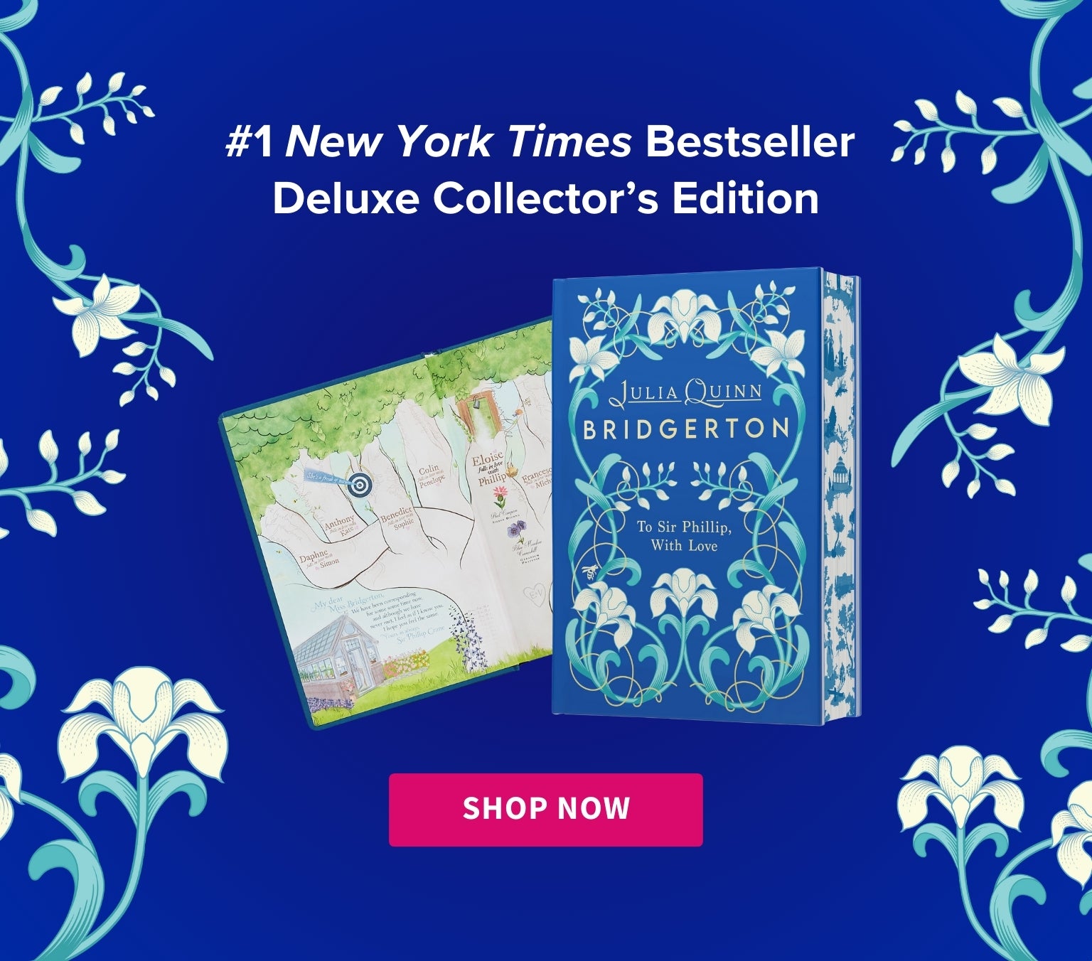 Bridgerton book with decorative cover and floral design on a blue background