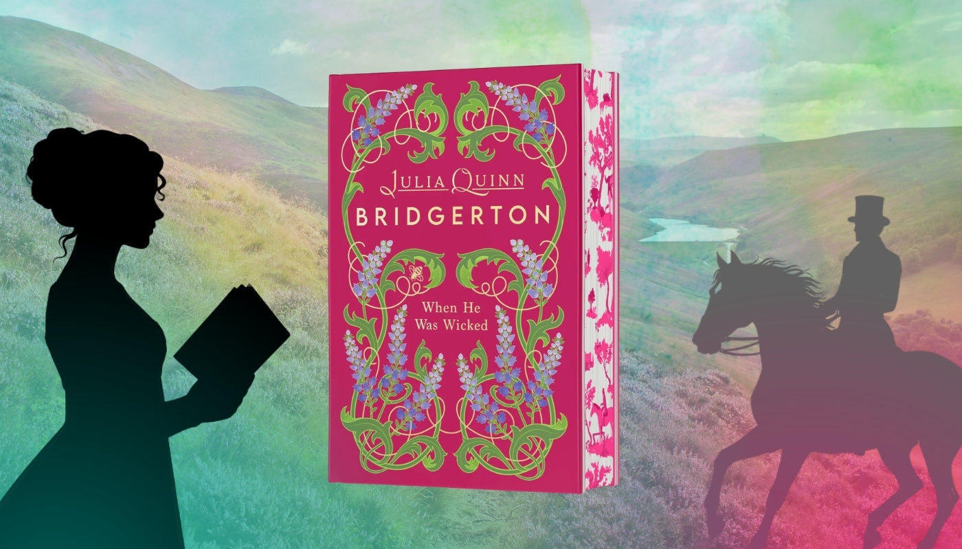 Book titled 'Bridgerton' by Julia Quinn with silhouettes of a woman reading and a man on horseback against a colorful landscape.
