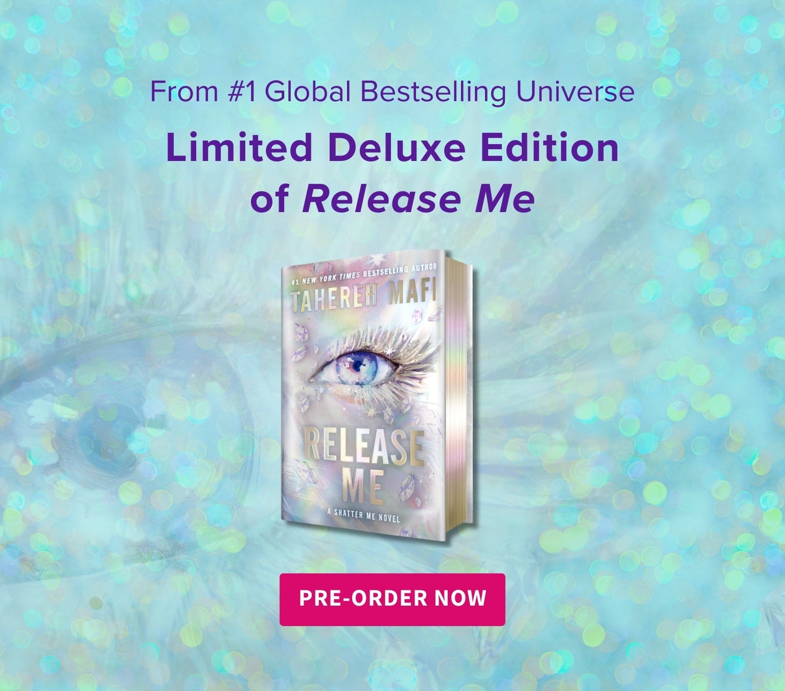 Book titled 'Release Me' with a pre-order now button on a glittery blue background