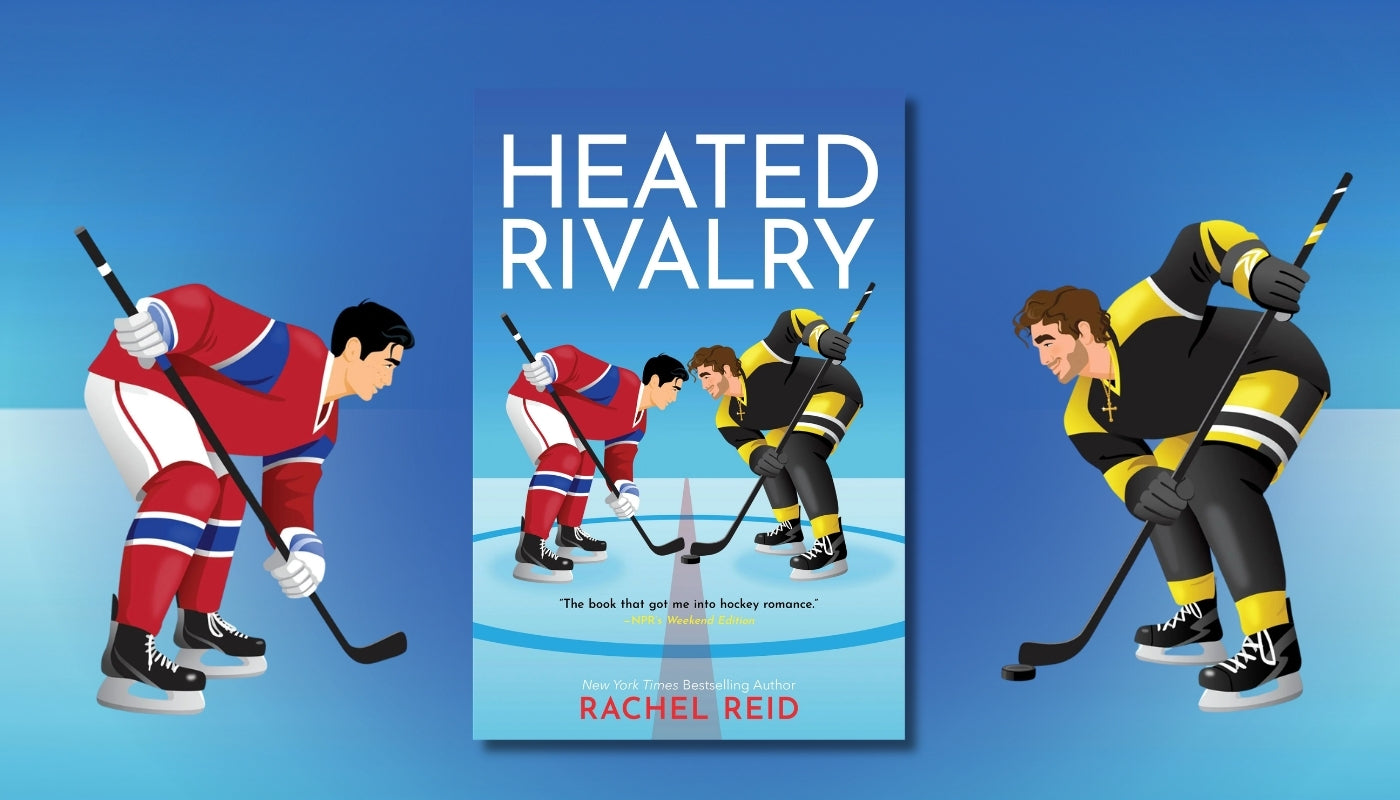 Book cover of 'Heated Rivalry' with hockey players on a blue background