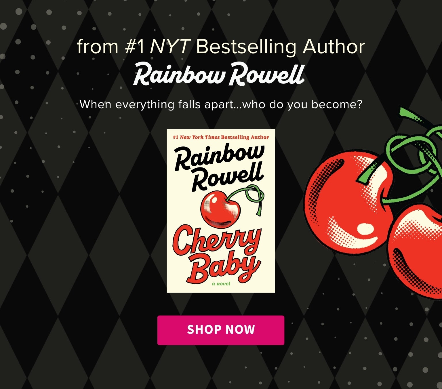 Promotional graphic for 'Cherry Baby' by Rainbow Rowell with a checkered pattern background.