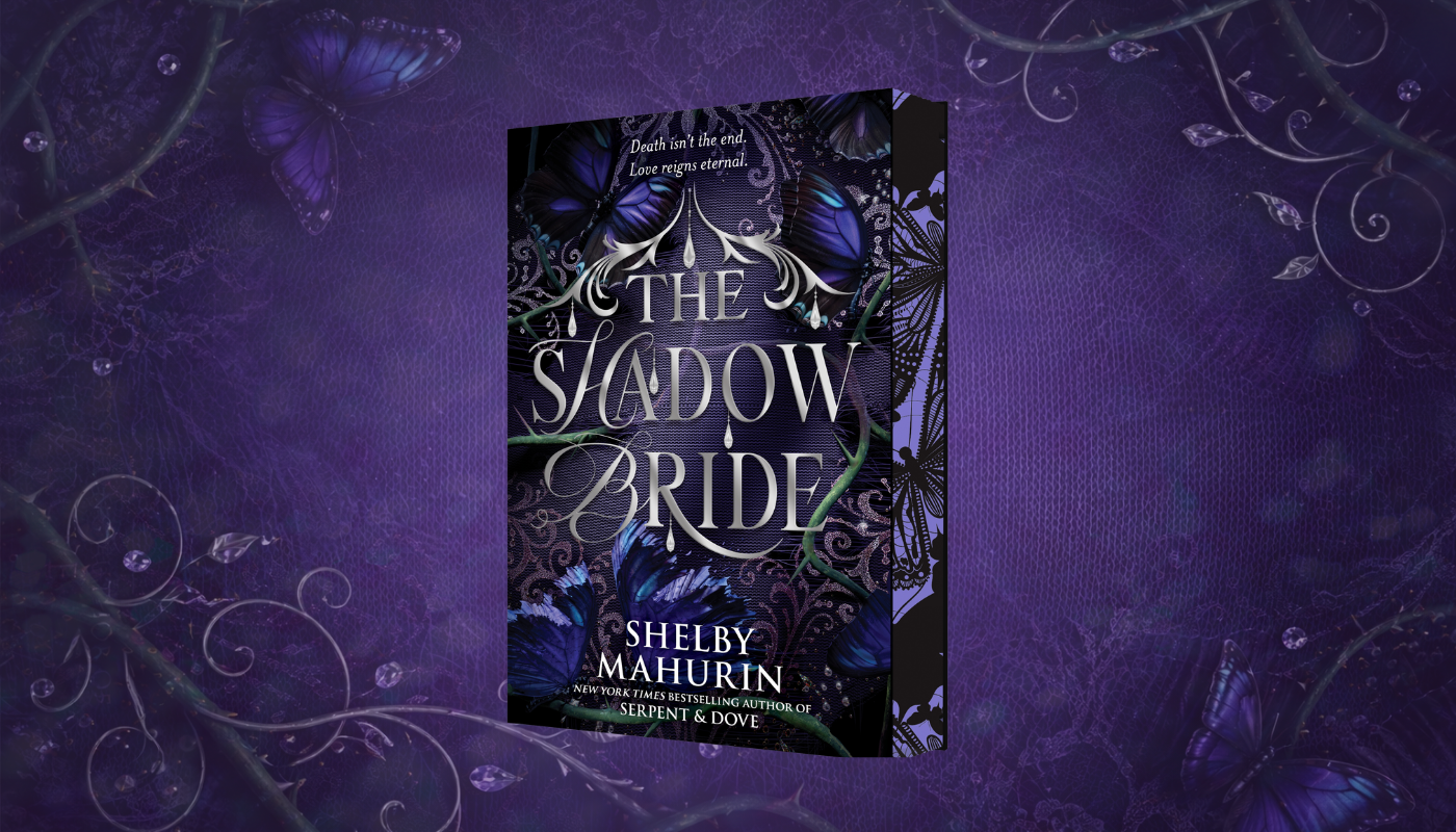 Book cover of 'The Shadow Bride' by Shelby Mahurin on a purple background with butterfly illustrations.