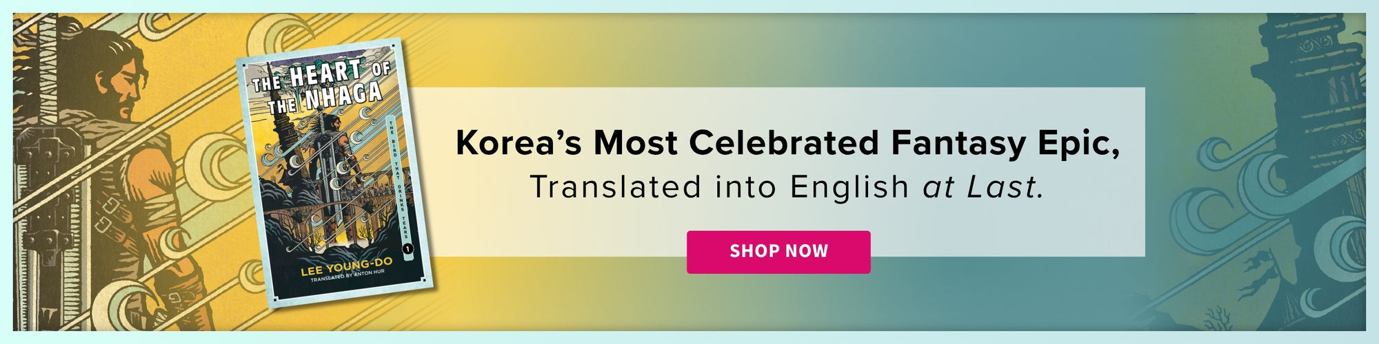 Promotional graphic for 'The Heart of the Nhaga' by Lee Young-do with decorative elements on a gradient background.