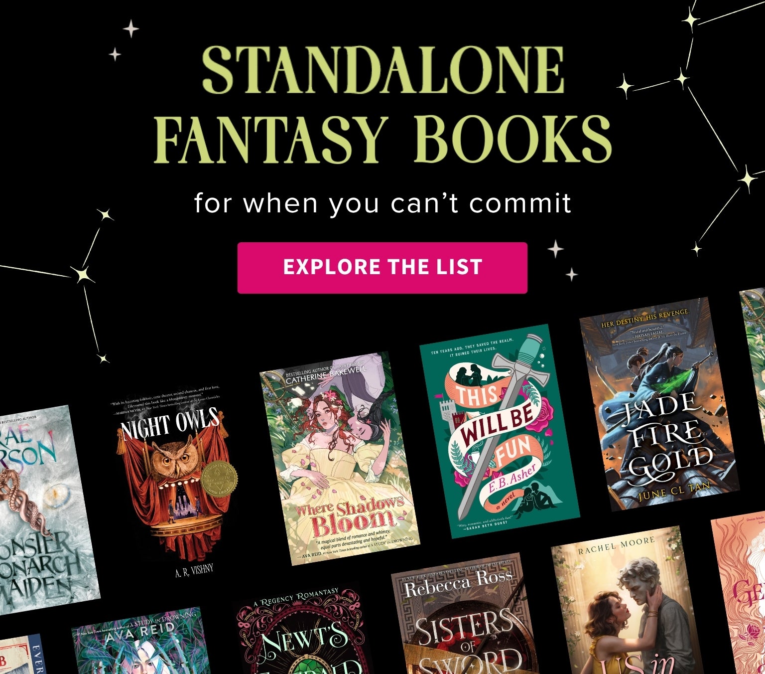 Promotional graphic for standalone fantasy books with book covers and 'Explore the List' button.