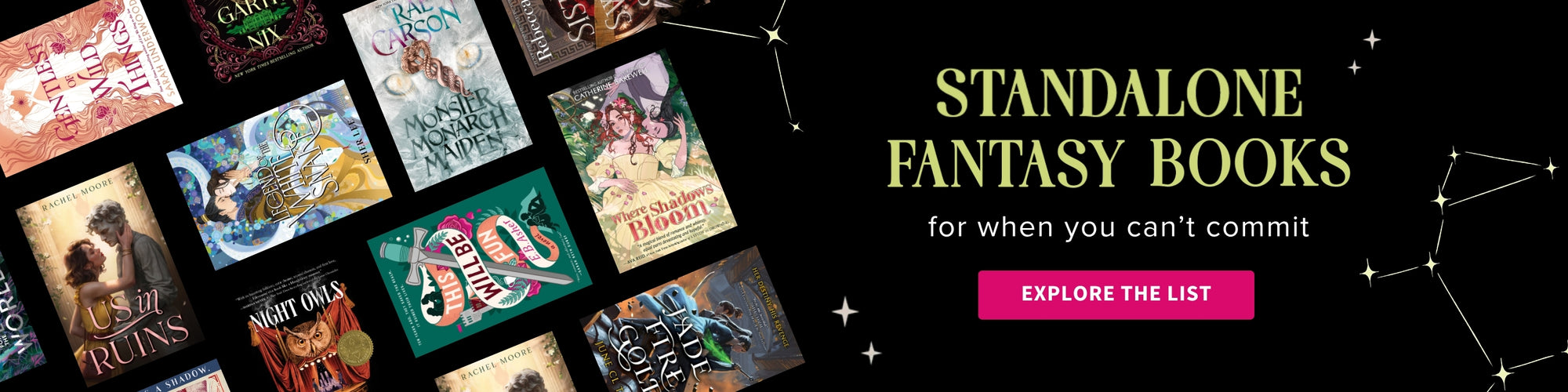 Promotional banner for standalone fantasy books with book covers and 'Explore the List' button.