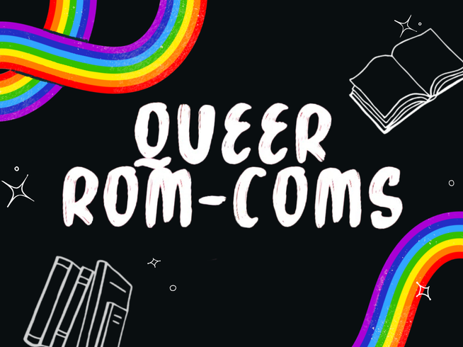 Text 'QUEER ROM-COMS' with rainbow elements on a black background