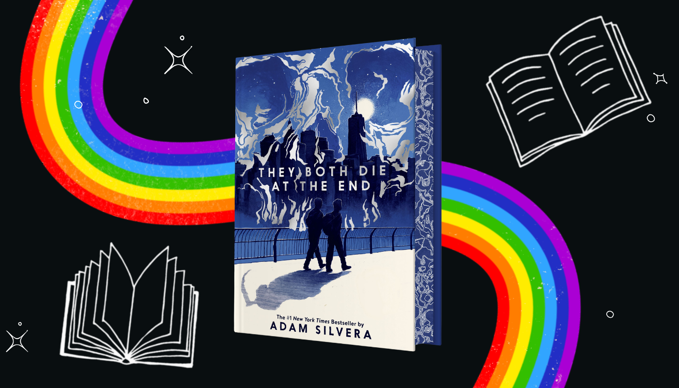 Book cover of 'They Both Die at the End' by Adam Silvera with rainbow and book illustrations on a black background.