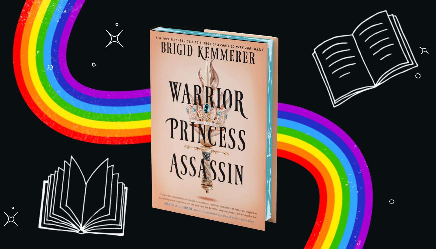 Book titled 'Warrior Princess Assassin' by Brigid Kemmerer with rainbow and book illustrations on a black background