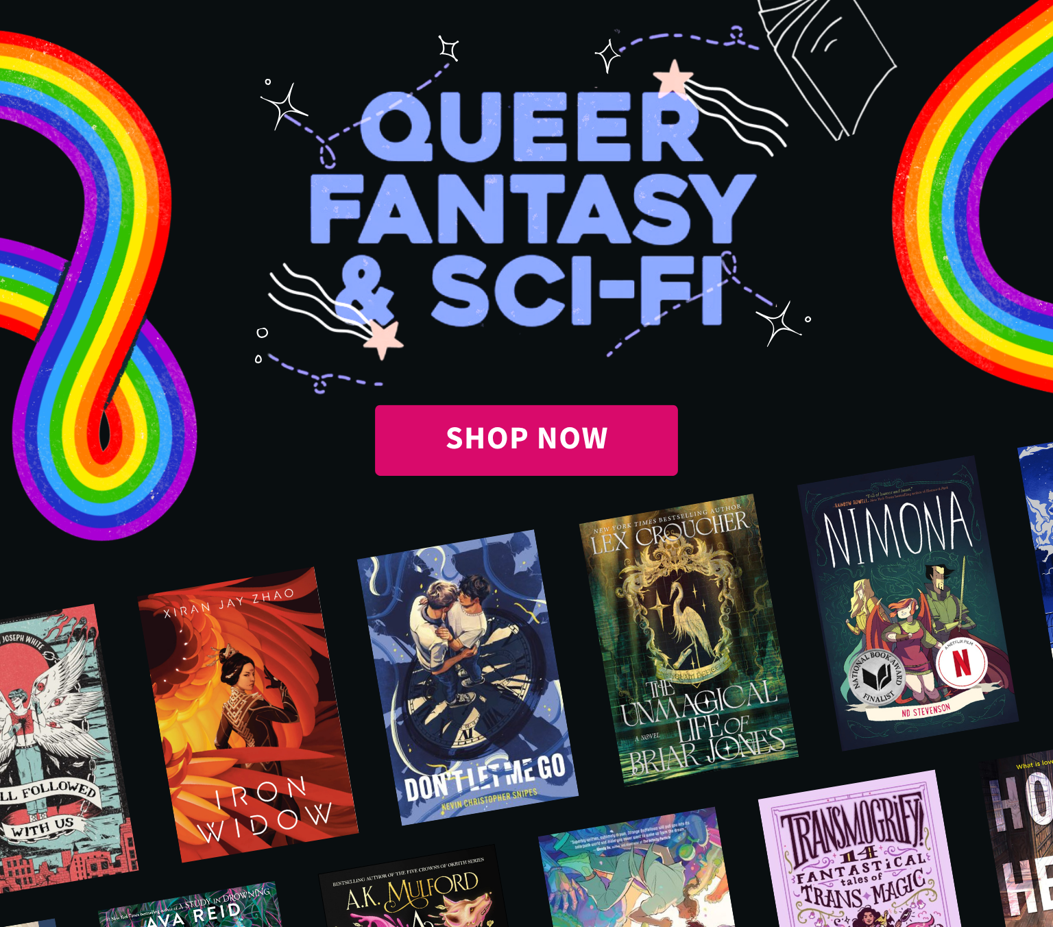 Promotional graphic for 'Queer Fantasy & Sci-Fi' with book covers and rainbow elements on a black background.