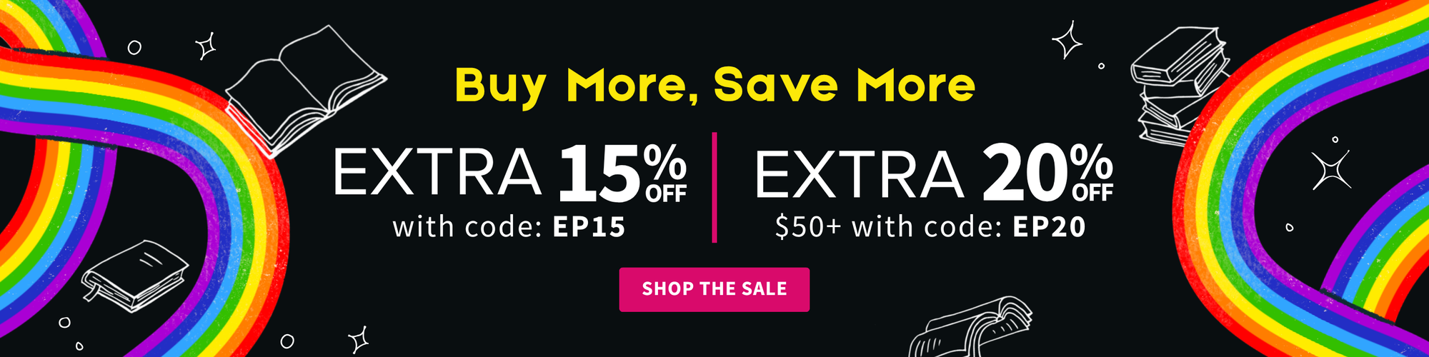 Promotional banner with rainbow circles, books, and discount text on a black background