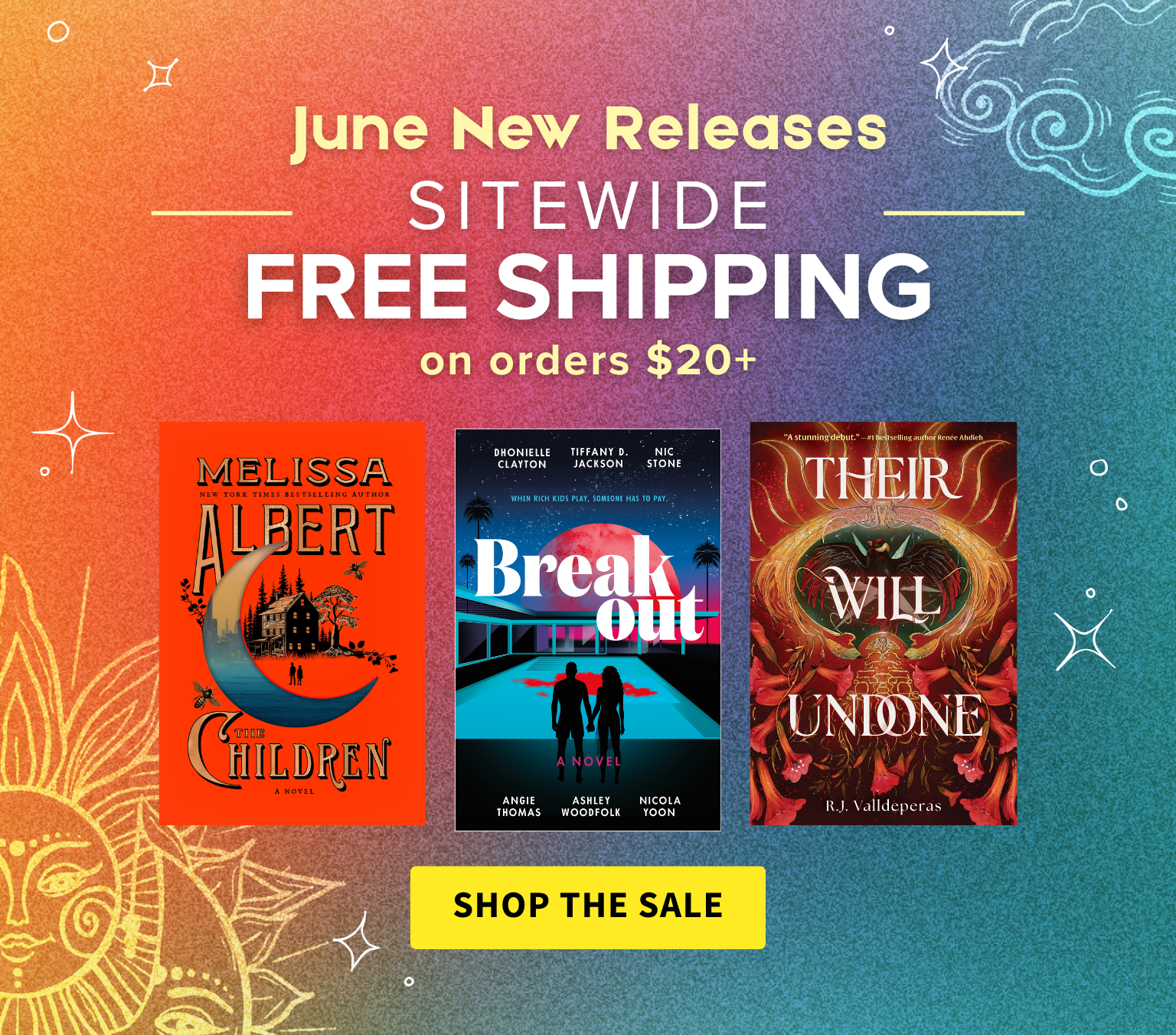 Promotional graphic for June new releases with book covers and free shipping offer on a colorful background.