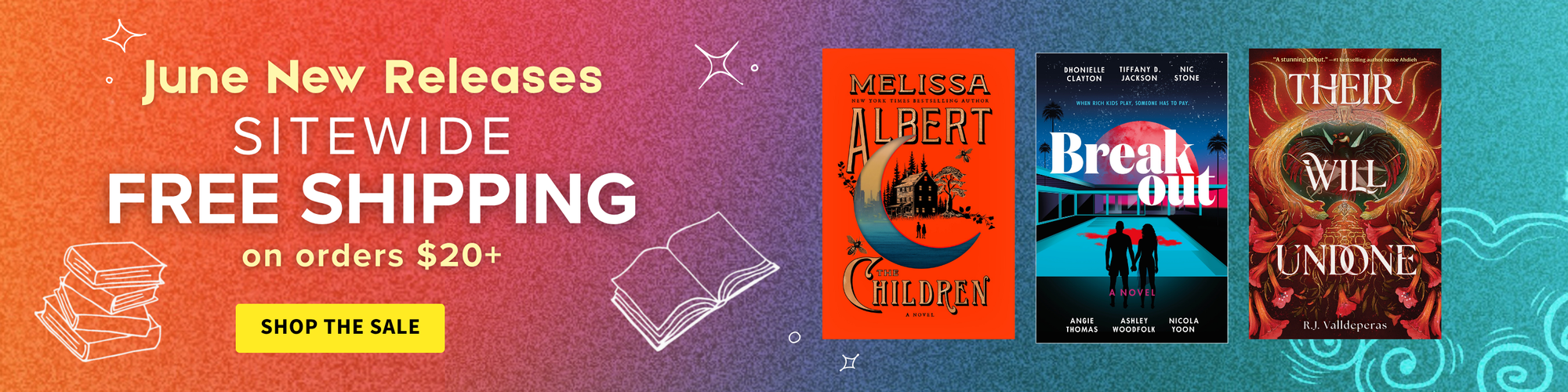 Promotional banner for June new releases with book covers and free shipping offer.