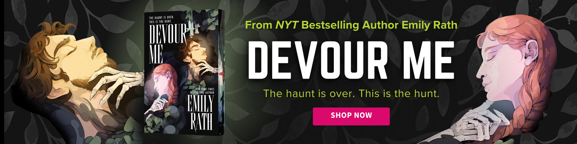 Book cover and promotional banner for the novel 'Devour Me' by Emily Rath, featuring illustrated figures on both sides and a pink 'Shop Now' button.