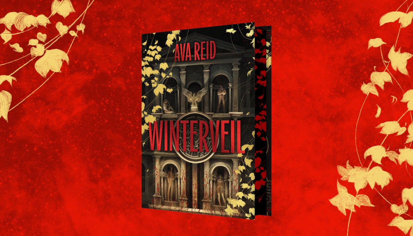The book cover of 'Winterveil' by Ava Reid is displayed as a 3D mockup against a textured red background decorated with gold vine illustrations. The cover features a dark gothic building illustration with red title text.
