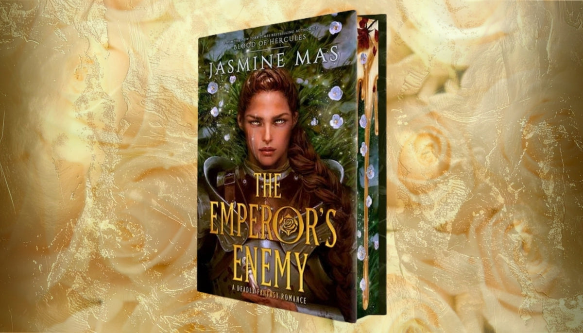 The book cover of 'The Emperor's Enemy' by Jasmine Mas, shown as a 3D box mockup against a textured, warm beige rose background.