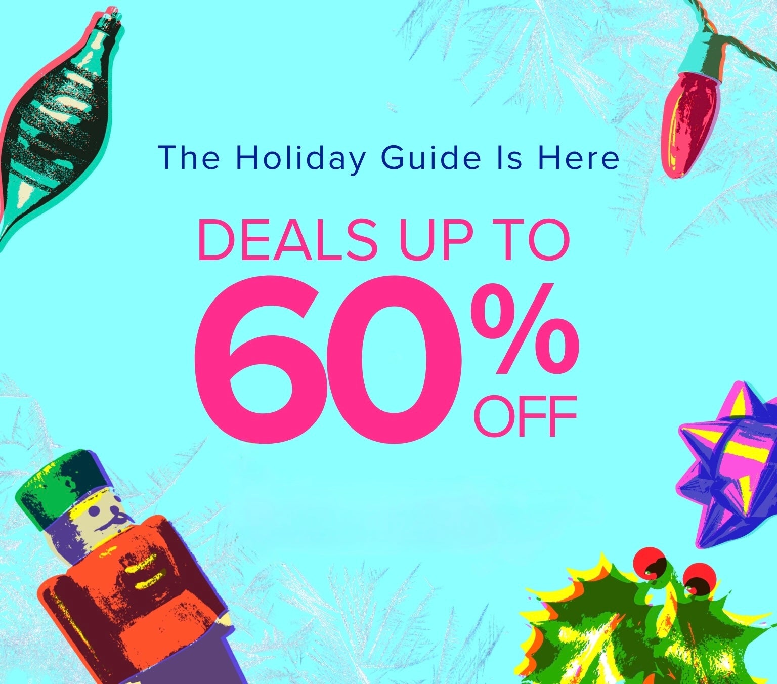 Promotional text for holiday deals with festive illustrations on a blue background
