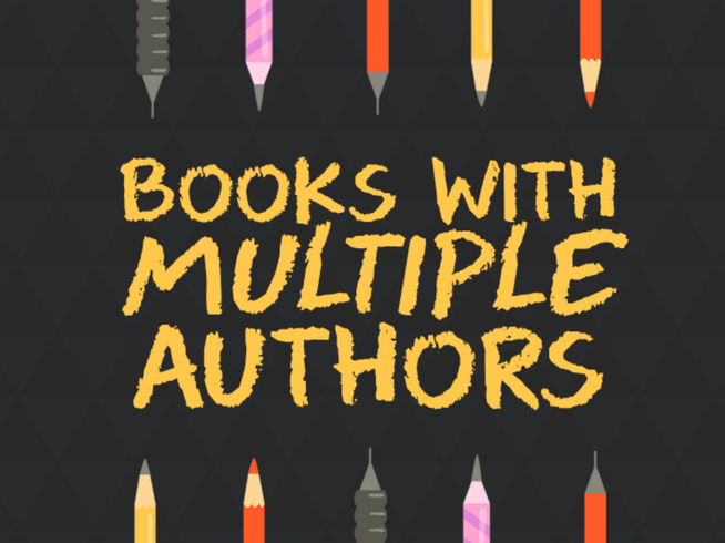 A graphic design with the text 'BOOKS WITH MULTIPLE AUTHORS' in a textured yellow font, centered on a dark gray background, with stylized colored pencils arranged along the top and bottom edges.